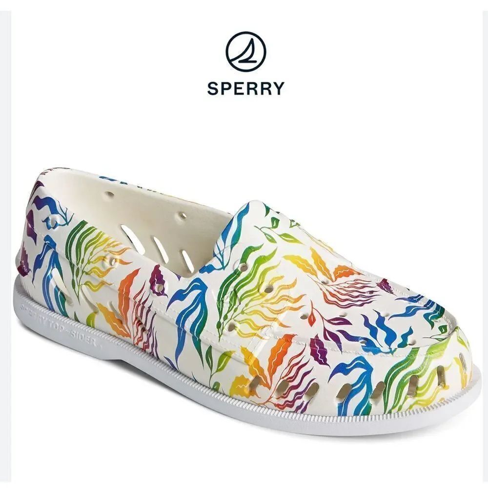 Sperry TopSider White Multicolor Tropical Rainbow Pride Unisex Floater Loafers